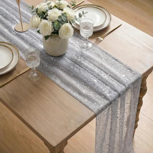Artoid Mode 6PC Grey Gold Gauze Table Runner 120 Inch 10FT, Glitter Metallic Foil Sheer Dining Wedding Anniversary Holiday Birthday Table Decor for Home Party - Image 4