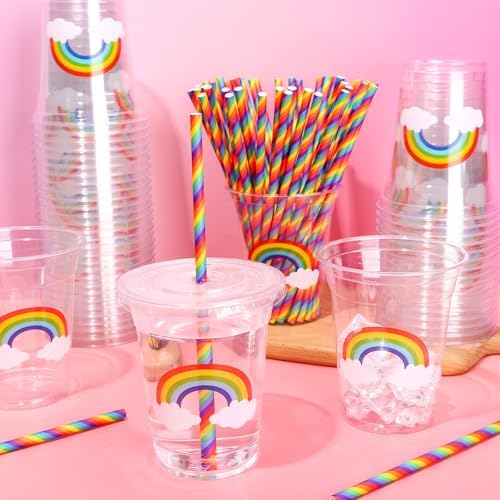 Whaline 50 Pcs 12 Oz Pastel Rainbow Disposable Plastic Cups with Lids and Straws Colorful Cold Beverage Drinking Cups for Birthday Baby Shower Party Supplies - Image 4