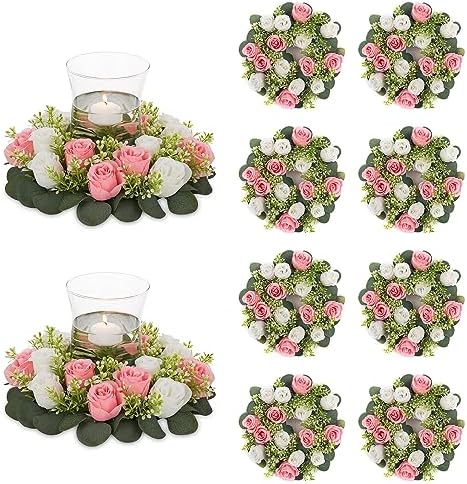 NUPTIO Flower Wedding Centerpieces for Tables - 10 Pcs 14 inch Diam Large Pink & White Artificial Flowers Fake Roses Candle Rings Wreaths Spring Summer Wreath for Front Door Weddings Party Decor by Nuptio