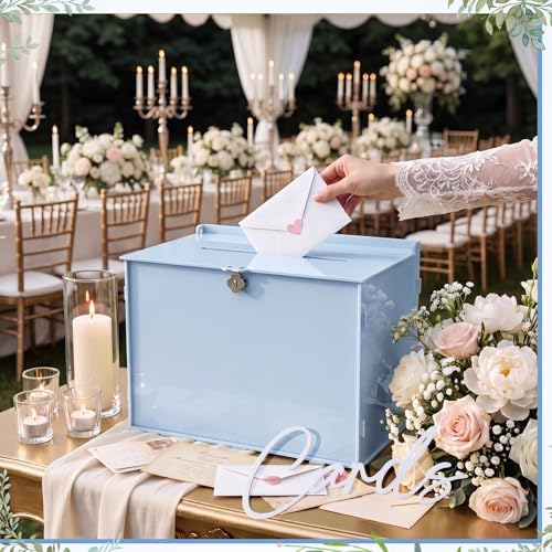 BreezeHug 14" Baby Blue Acrylic Wedding Card Box with Lock & 3D Letters - Image 3