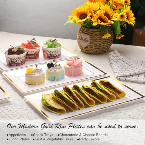 Uiifan 30 Pcs Disposable Plastic Serving Tray, White Gold Rim, 8 x 13 Inch - Image 5