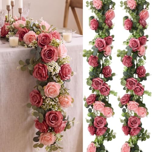 4 Pcs 26 ft Artificial Eucalyptus Vines Garland with Flowers, Pink by Zuqqaaoor