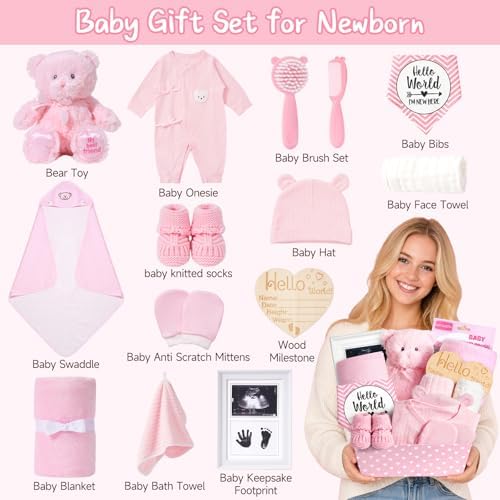 iAOVUEBY Baby Shower Gifts Basket, Baby Girl Gifts & Newborn Essentials Infant First Mileston Keepsakes Blanket Cloths Toy, All-in-One New Baby Girl Gift Set Basket - Image 2