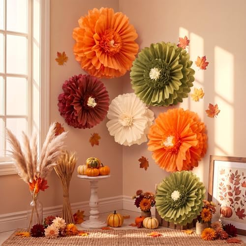 Giegxin 6 Pcs 31.5" 24" Giant Fall Paper Flowers Orange Sage Green Pom Poms - Image 2