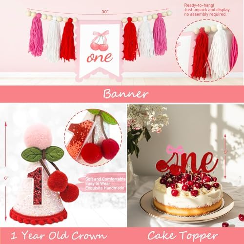 Hombae Cherry First Birthday Decorations – 125 PCs Cherry Themed 1st Birthday Party Supplies with Backdrop, Balloon Garland, Banner, Balloon Boxes, Number 1 Foil Balloon, Cake Topper - Image 4
