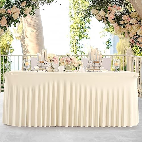 Besutolife 6ft Ivory Rectangle Tablecloth - Spandex, Wrinkle-Resistant, Ruffled Design - Perfect for Banquets, Parties, Wedding, Thanksgiving - Image 6