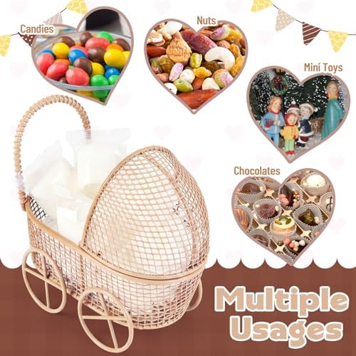 Threehoney 12 Pcs Baby Shower Mini Carriage Decoration Brown Bear Color Metal Wired Fillable Candy Stroller Baby Shower Table Centerpiece for Guest Gender Reveal Wedding Party Favor Gift - Image 2
