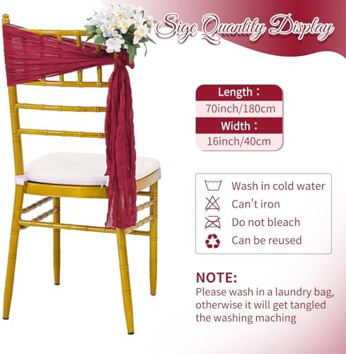60 PCS Burgundy Chair Sashes Cheesecloth ChairSashes Rustic Chair Decorative Bows Designed ChairCover for Wedding Banquet Party Aisle Home Kitchen Decoration (16 x 70 inch) - Image 4