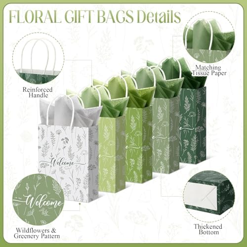 Kolldenn 50 Sets Green Wildflower Gift Bags Bulk with Tissue Paper - Image 3