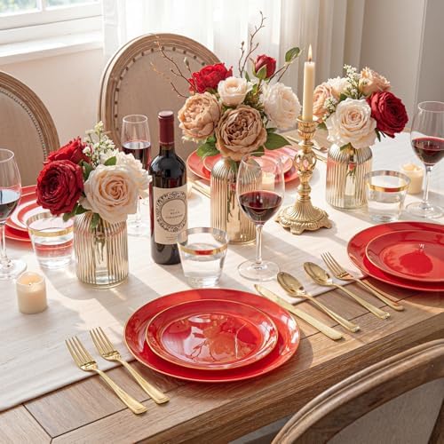 WDF 300Pcs Red Disposable Plates - Red Plastic Plates 50guest Disposable Dinnerware Include 50 Dinner Plate 50 Dessert Plate 150 Cutlery & 50 9oz Cups for Wedding/Birthday/Party - Image 5