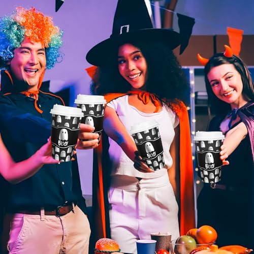 Whaline 50Pcs 16Oz Halloween Disposable Coffee Cups with Lids and Sleeves Spooky Foil Silver Ghost Boo Paper Drinking Cup for Trick or Treat Birthday Party Supplies - Image 7