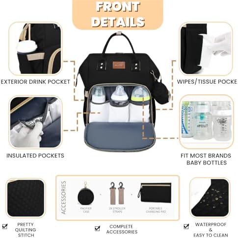 ROSEGIN Diaper Bag Backpack with Changing Pad Pacifier Case, Baby Bag for Boy Girl Toddler - Large,Stylish, Waterproof Travel Quilted Diaper Bag for Mom - Baby Shower Gifts, Black - Image 3