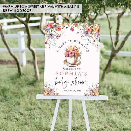 Andaz Press Personalized A Baby is Brewing Baby Shower Decorations, Floral Tea Party Baby Shower Welcome Sign Decor, Brunch Party Decorations, 16x20 Inch - Image 6