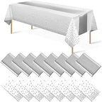 MASHAN 16Pack Disposable Plastic Tablecloths and Satin Table Runner Set White and Silver Dot Tablecloth Silver Satin Table Runner for Wedding Birthday Baby Shower Christmas New Year Party Decorations by MASHAN