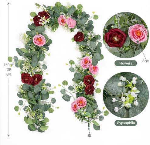 TOCHGREEN 2 Pack Artificial Eucalyptus Flower Garland with Red Pink Roses - Image 3