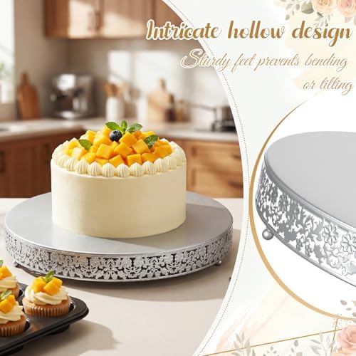 Wenqik 18 Inch Silver Cake Stand Set Metal Round Cupcake Dessert Stand with Cake Cutting, Flower Spatula Wedding Cupcake Pastry Display Candy Holder Display for Wedding Party Birthday Baby Shower - Image 3