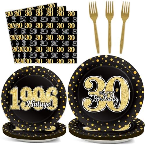 200PCS 30th Theme Birthday Party Tableware Vintage 1996 Party Supplies 30 Year Old Birthday Decorations Plates Napkins Forks Black and Gold Dinnerware Favors for Men or Women by ZOIIWA