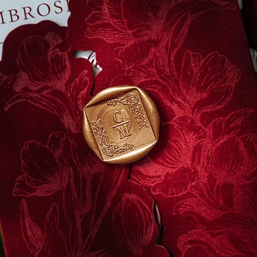 Burgundy Velvet Wedding Invitations, Elegant Flower Laser Cut Invitation with QR Code, Luxury Gold Wax Seals, Customizable Tri Fold Invitations Card (25pcs Customized Invitation) - Image 4