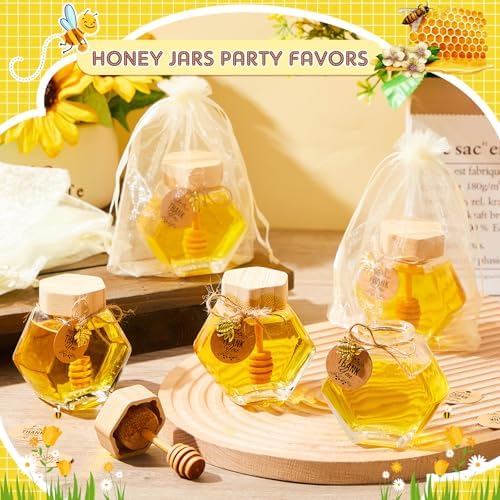 Pickmesh 12 Pcs Hexagonal Glass Honey Jars with Spoon, 3.38 oz Honey Dispenser with Wooden Spoon Bee Charm Thank You Card Organza Bag Mini glass Jars for Baby Shower Wedding Party Favor Decorations - Image 5