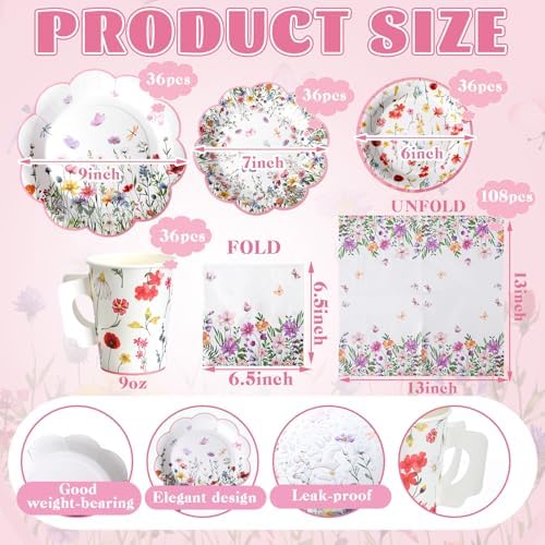 Pickmesh 252 Pcs Floral Tea Party Supplies for 36 Guests Wildflower Paper Disposable Dinnerware Floral Teacups with Handle and Saucers Sets for Tea Party Decorations Birthday Baby Shower Wedding - Image 2