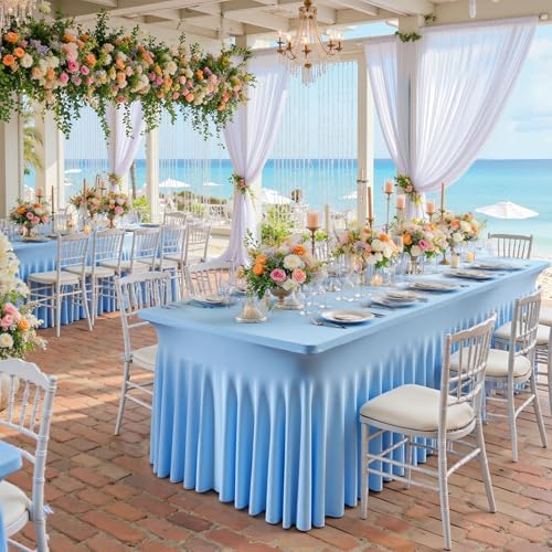 2 pk Baby Blue Spandex Tablecloth 6ft With Ruffle Table Skirt, Wrinkle Free Stretchy Fitted Tablecloths for 6 Foot Rectangle Tables, Elastic Spandex Table Covers for Weddings Parties Banquet Craft - Image 3