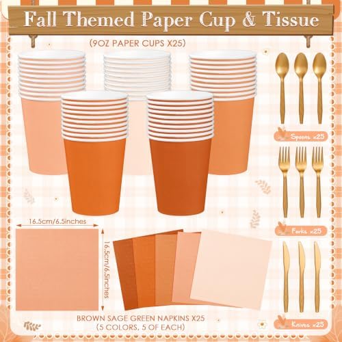 Mimorou 177 Pcs Fall Orange Paper Plate Napkin Party Supplies for 25 Guest - Image 3