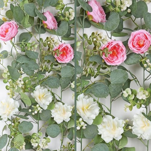 TOCHGREEN 2 Pack Artificial Eucalyptus Flower Garland with Pink White Roses - Image 6