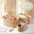 Scalloped Basket Set of 3, Wicker Storage Baskets - Hand-Woven Paper Rope Nursery Organizer for Diaper Caddy, Baby Toys & Shelves, Natural (16x10x7 Inch) - Image 2