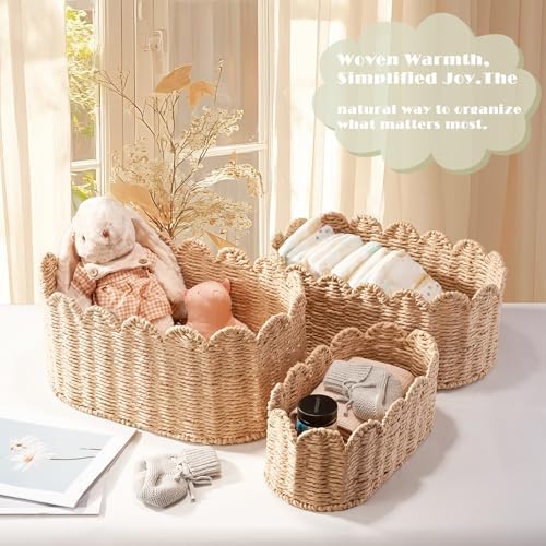 Scalloped Basket Set of 3, Wicker Storage Baskets - Hand-Woven Paper Rope Nursery Organizer for Diaper Caddy, Baby Toys & Shelves, Natural (16x10x7 Inch) - Image 2