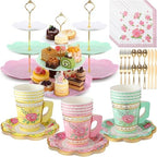 Layhit 83 Pcs Disposable Tea Party Set with 3 Tier Cake Stand Vintage Floral Paper Cups Plates Napkins Cutlery for Women Girls Birthday Baby Shower Bridal Shower Tea(Novel) by ShungLan
