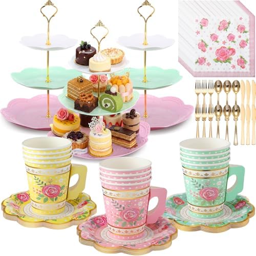 Layhit 83 Pcs Disposable Tea Party Set with 3 Tier Cake Stand Vintage Floral Paper Cups Plates Napkins Cutlery for Women Girls Birthday Baby Shower Bridal Shower Tea(Novel) by ShungLan