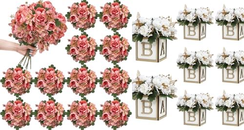 12 Bundles Peonies Artificial Flowers & Pack of 8 Baby Shower Centerpieces for Tables by SEKNHOP