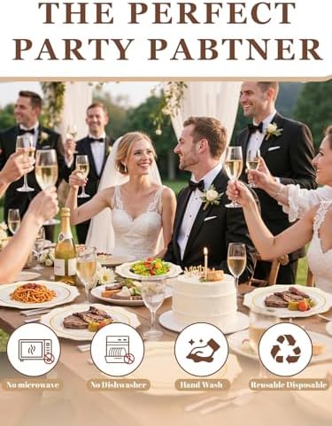 WDF 100PCS Ivory Plastic Plates with Gold Rim - Cream Plastic Plates - Include 50 Dinner & 50 Dessert Fancy Disposable Plate for Party - Heavy Duty Beige Plate for Baby Shower/Wedding - Image 3