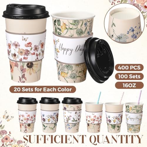 Nuogo 400pcs/100set 16 oz Vintage Floral Disposable Coffee Cups with Lids Sleeves Straws Napkins, Spring/Summer Party Tea Wedding Baby Shower Bulk Paper Cups for Hot Cold Drinks - Image 3