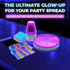 Party Essentials Disposable Plastic Glow-in-the-Dark Party Supplies Dinnerware Decorations, Plate/Cup/Cutlery/Tablecover, 193 Pcs, Assorted Neon - Image 2