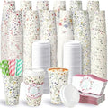 Jingmore 120 Sets 16oz Disposable Paper Coffee Cups with Lids Sleeves Straws Holiday Paper Drinking Cups Bulk for Hot Cold Beverages Home Business Cafe Birthday Party Supplies (Boho Flowers) by Jingmore