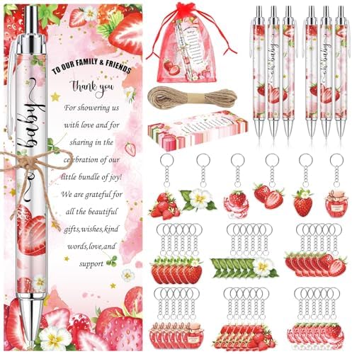 289 Pieces Strawberry Baby Shower Favors for Guest Berry Sweet Baby Ballpoint Pens and Keychains Gifts for Girls Bulk Retractable Pens Gender Reveal Thank You Cards Souvenirs Prizes by EYNDYN