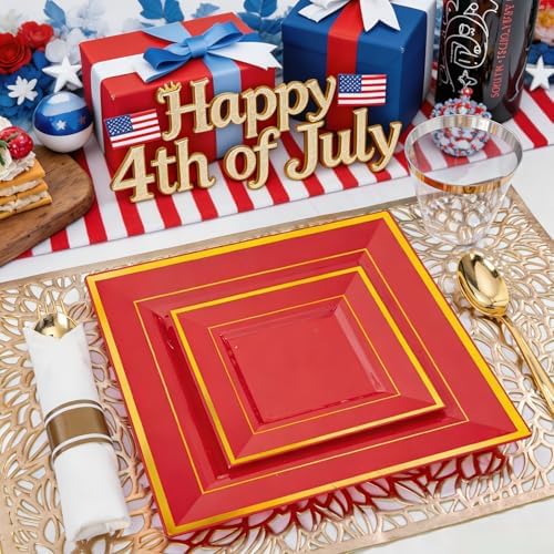 Liacere 100PCS Red and Gold Square Plastic Plates-50PCS Heavy Duty 9.5inch Disposable Dinner Plates and 50PCS 6inch Red Dessert Plate - Gold Plastic Plate for Party & Independence Day - Image 6