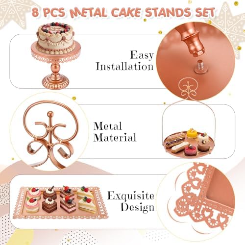 Lallisa 8 Pcs Cake Stands Set Metal Dessert Table Display Tiered Cupcake Holder Candy Donut Fruit Plate Cake Serving Tray with Handle Treats Serving Tower for Wedding Birthday Party(Rose Gold) - Image 5