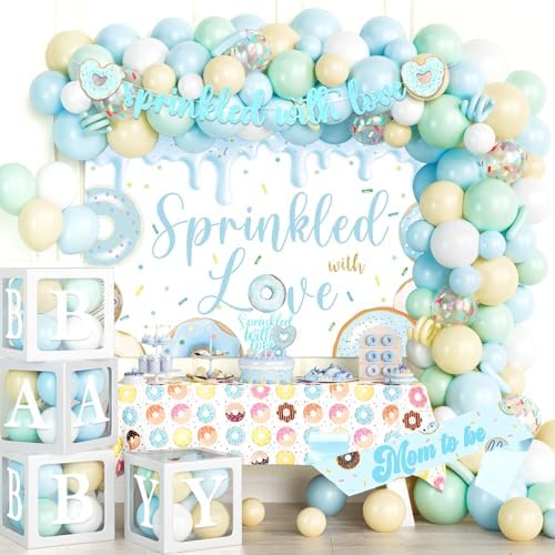 Hombae Donut Baby Sprinkle Decorations for Boy, Baby Shower Decorations for Boys, Blue Sprinkle with Love Backdrop Balloon Banner Boxes Tablecloth Sash for Boy Sprinkled Baby Shower Supplies by Hombae
