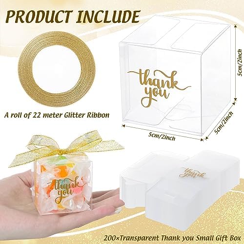 Thyle 200 Pcs Clear Favor Boxes 2x2x2 Inch Plastic Thank You Boxes with Lid Ribbon for Treats Candy Macaron Dessert Cupcake Gifts Wrap Party Favors Supplies(2 x 2 x 2 Inch) - Image 2