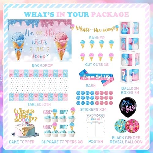 172 PCs Whats The Scoop Gender Reveal Decorations, Hombae Boy or Girl Gender Reveal Decorations Backdrop Balloon Garland Banner Tablecloth Cake Cupcake Topper Box Cutout Poster Sash Ice Cream - Image 2