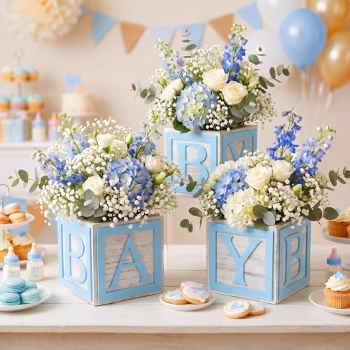 4 Set Blue Wooden Baby Boxes with Letters for Baby Shower Centerpieces - Image 6