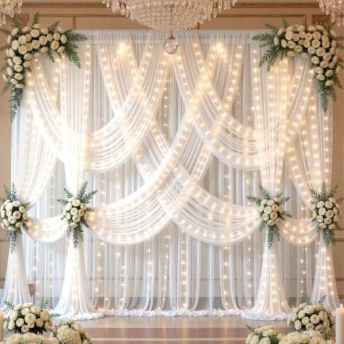 20x10ft White Tulle Backdrop Curtains with Lights String for Parties,Wrinkle Free Sheer Curtain with Lights Wedding Photo Backdop Drapes for Baby Shower Birthday Party Photography Home Decorations - Image 2