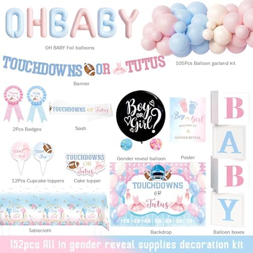 Touchdowns or Tutus Gender Reveal Decorations, 152 PCs Party Balloons Decorations Kit Supplies with Balloons, Banners, Sash, Badge Backdrop, Topper, Poster, Balloon Boxes, Tablecloth, Marker - Image 2