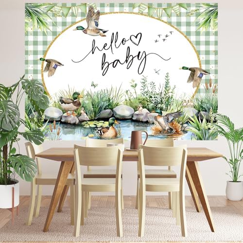 Mallard Duck Baby Shower Backdrop 8x6ft Hello Baby Mallard Duck Decorations Photography Background Green Water Meadow Plants Newborn Baby Shower Party Banner Photo Studio Prop (8x6ft) - Image 3