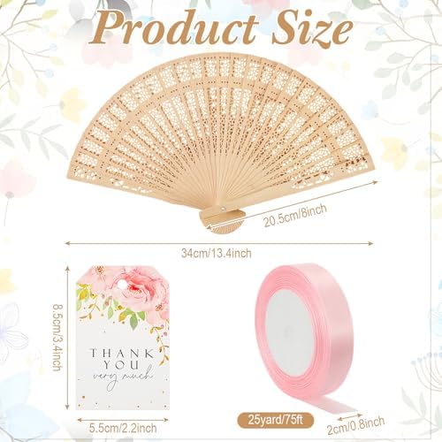 50 Sets Wooden Hand Fan Sandalwood Wood Handheld Folding Fans with Ribbon Thank You Tag for Wedding Guests Baby Shower Birthday Bridal Gifts Party Favors(Pink,Floral) - Image 2