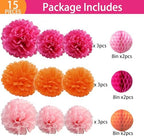15PCS Hot Pink Orange Party Decorations Tissue Paper Flowers Pom Poms Honeycomb for Girl Groovy Birthday Baby Shower Wedding Bachelorette Summer Flamingo Party Nursery Wall Hanging Décor (Pack of 2) - Image 2