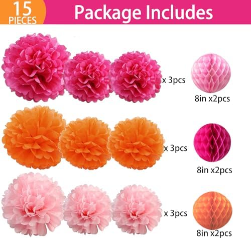 15PCS Hot Pink Orange Party Decorations Tissue Paper Flowers Pom Poms Honeycomb for Girl Groovy Birthday Baby Shower Wedding Bachelorette Summer Flamingo Party Nursery Wall Hanging Décor (Pack of 2) - Image 2