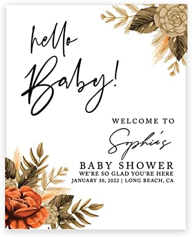 Andaz Press Custom Large Baby Shower Welcome Sign, 16" x 20", Burnt Orange Florals Arch Personalized Canvas Welcome Sign, Gender-Neutral Canvas Sign for Baby Sprinkle, Fall Baby Shower Decorations by AndazPress